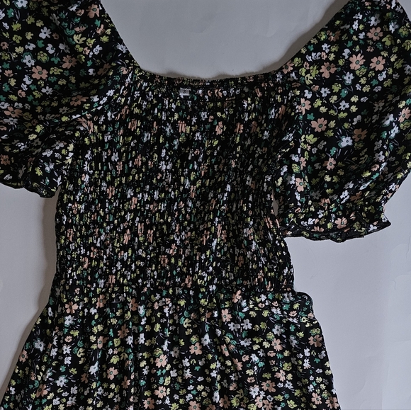 Printed Floral Midi Dress Square Collar Puff Sleeve - Picture 2 of 6